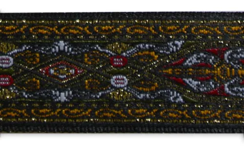 1" Metallic Gold Saffron & Wine Kilim-Inspired Woven Ribbon