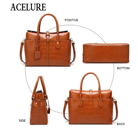 ACELURE Solid Color Pu Leather Satchels Women Fashion Alligator Shoulder Bags
