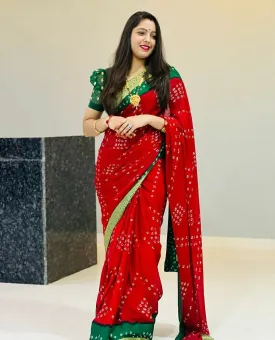 Beautiful Moss Chiffon Georgette Bandhani Sarees,OR, KCPC Red