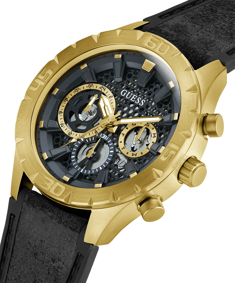 GUESS Mens Black Gold Tone Multi-function Watch