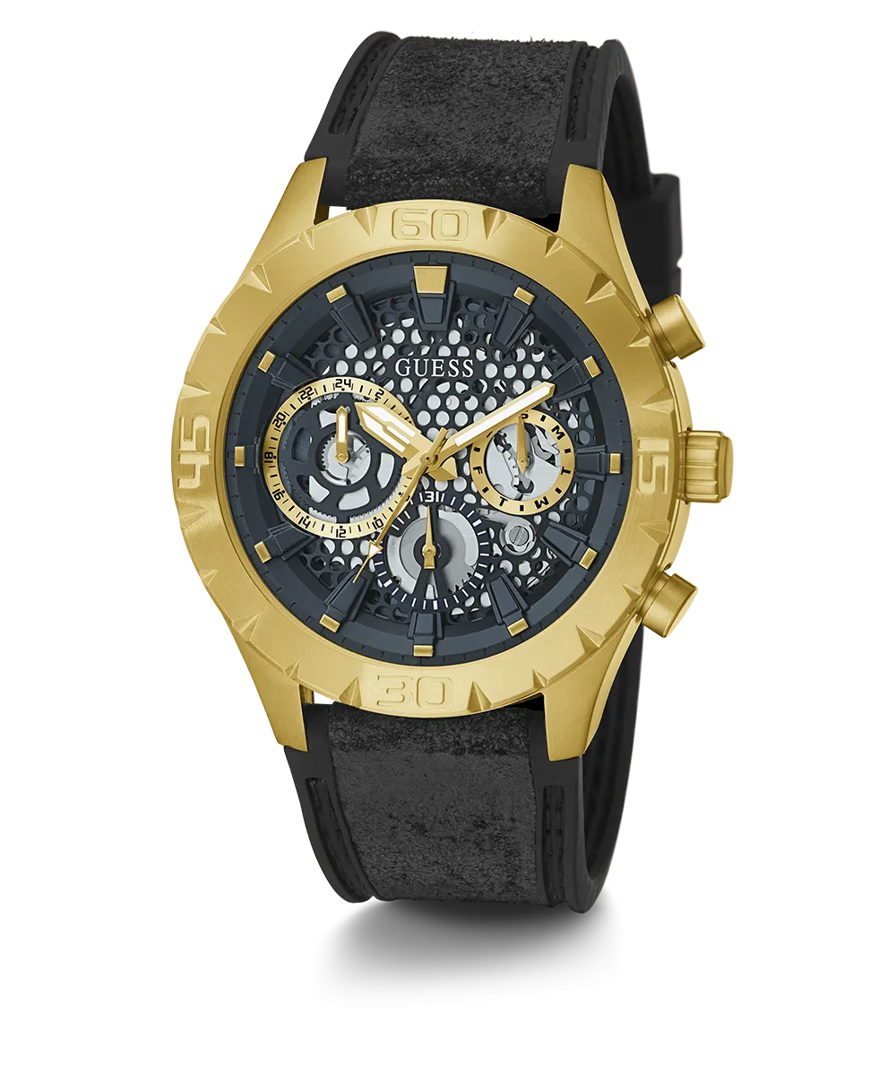 GUESS Mens Black Gold Tone Multi-function Watch