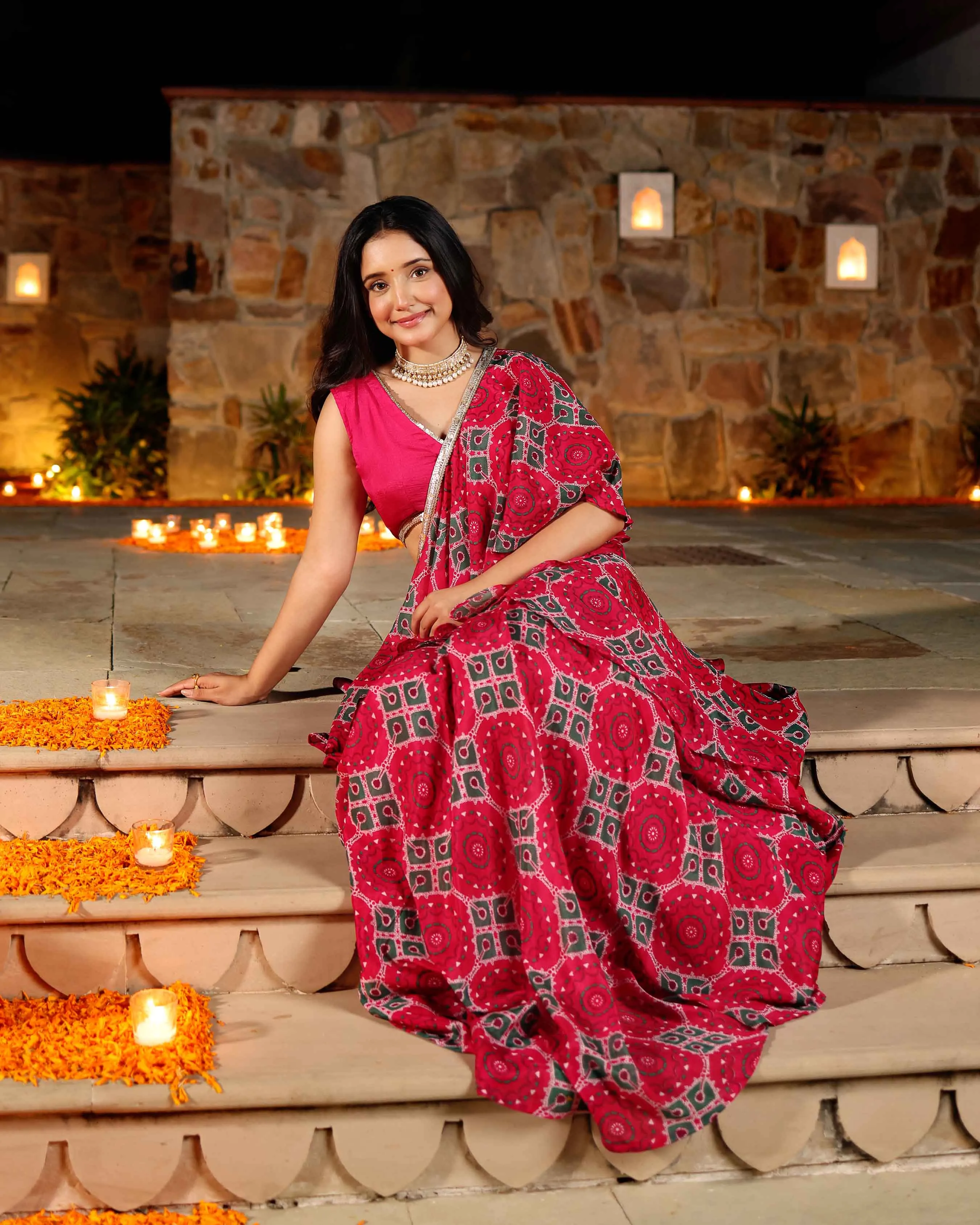 Hareeta Pink Printed Chinon Pre Draped Saree