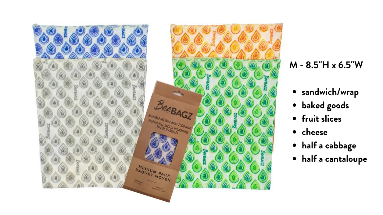 Medium Pack of 4 - Reusable Beeswax Wrap Food Storage Bags