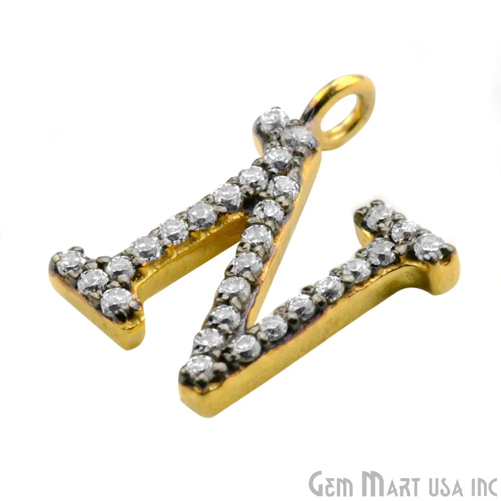'N' Alphabet Charm CZ Pave Gold Vermeil Charm for Bracelet & Pendants