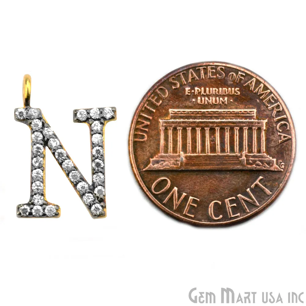 'N' Alphabet Charm CZ Pave Gold Vermeil Charm for Bracelet & Pendants