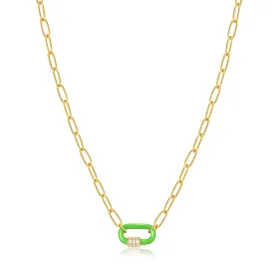 Neon Green Enamel Carabiner Gold Necklace