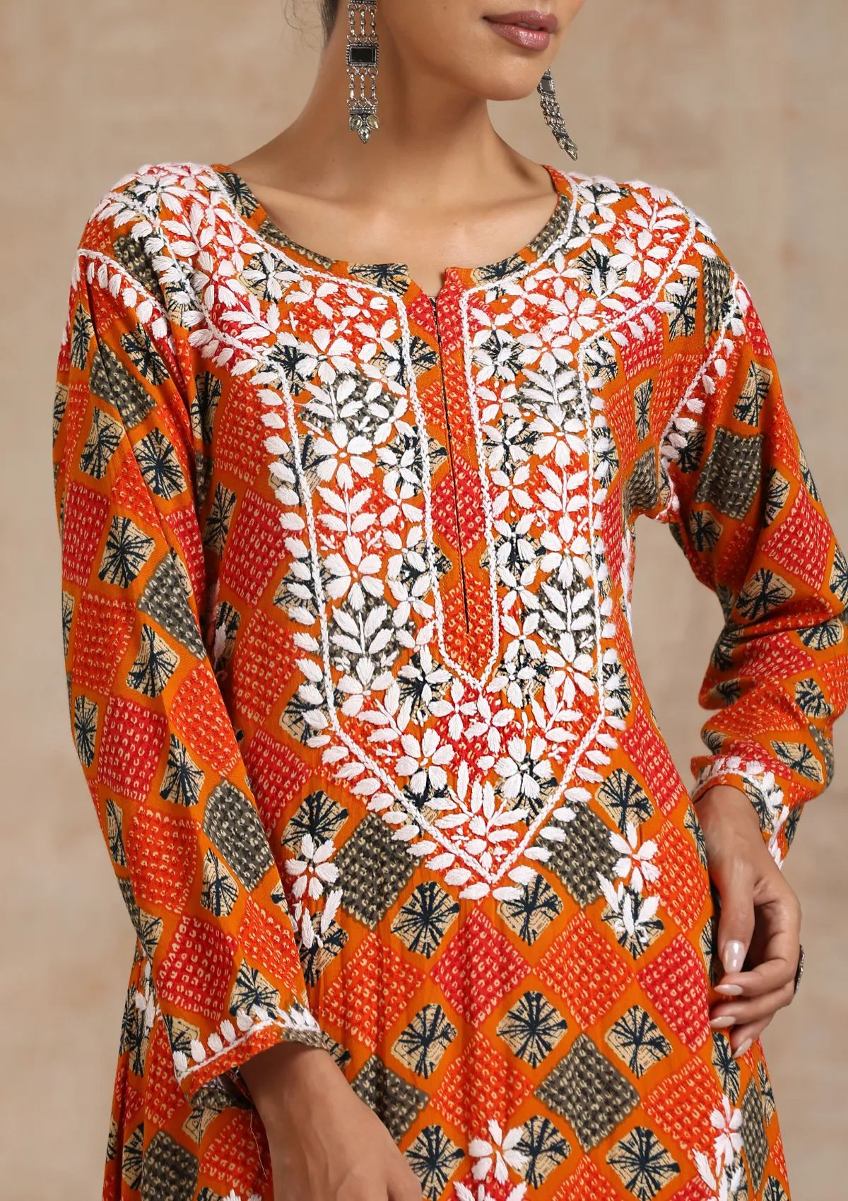 Rayon Chikankari Printed Women's Long Kurta - Orange