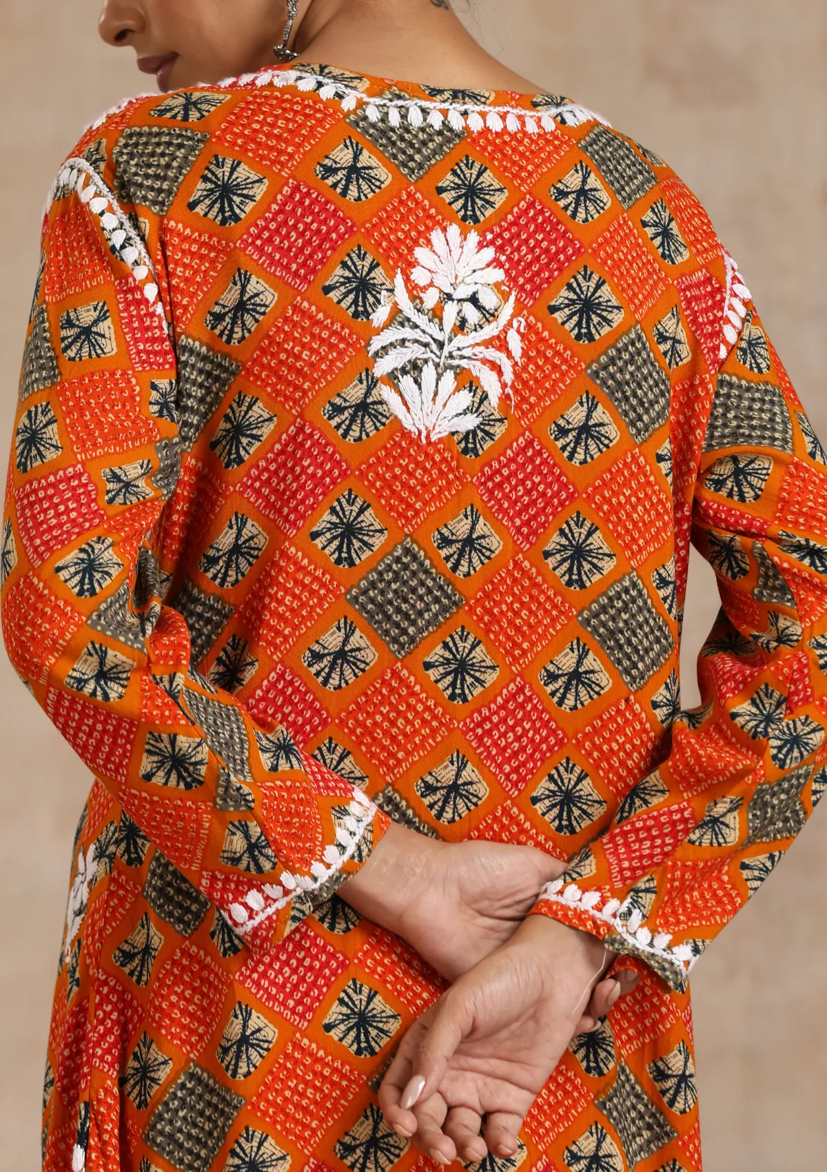 Rayon Chikankari Printed Women's Long Kurta - Orange