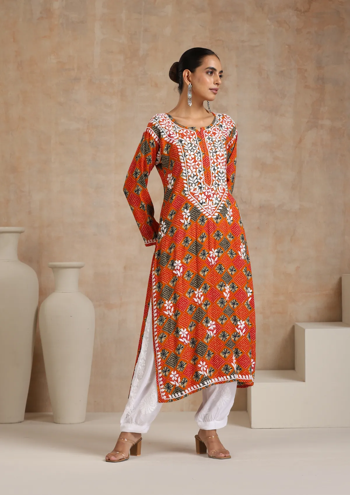 Rayon Chikankari Printed Women's Long Kurta - Orange