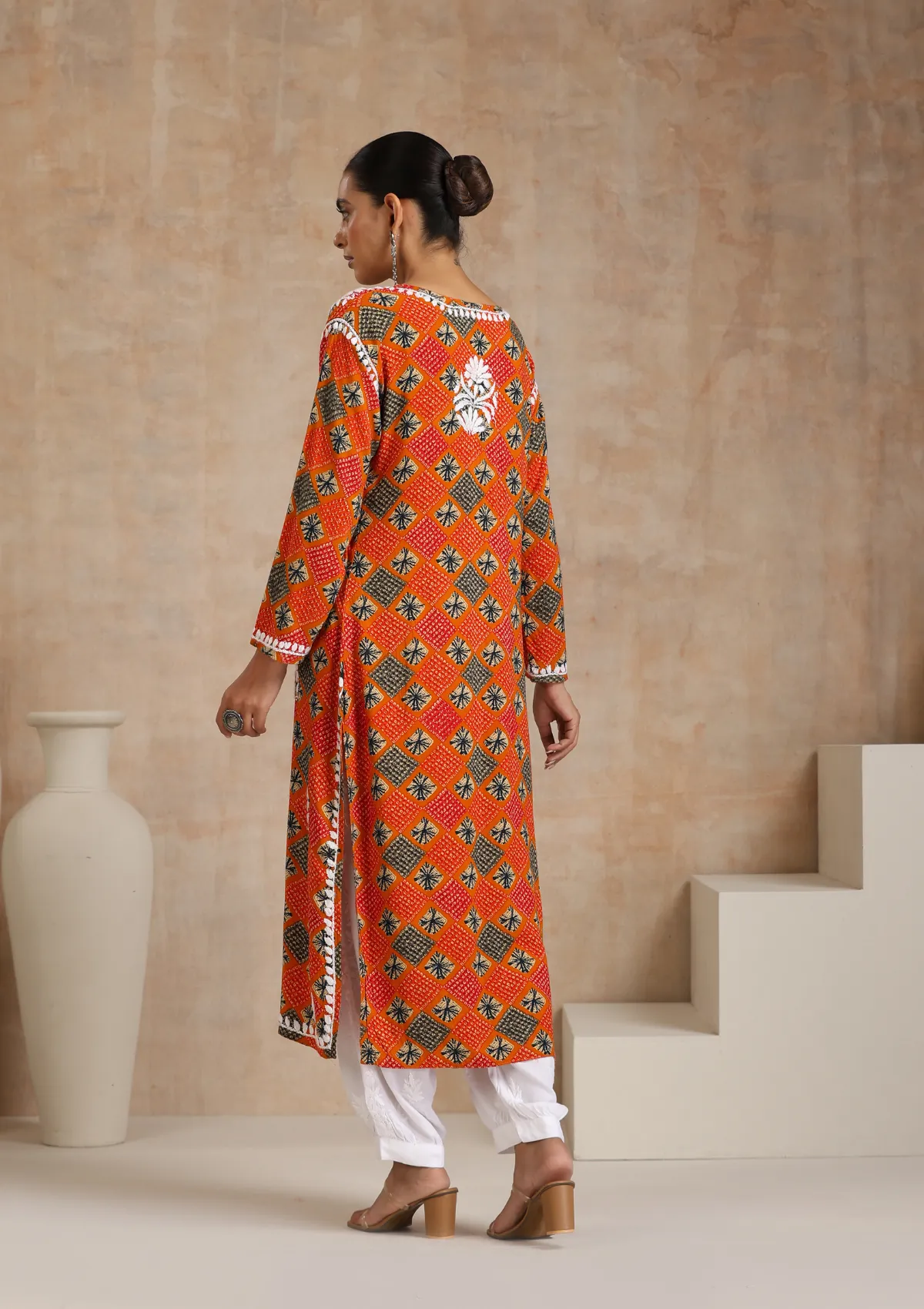 Rayon Chikankari Printed Women's Long Kurta - Orange