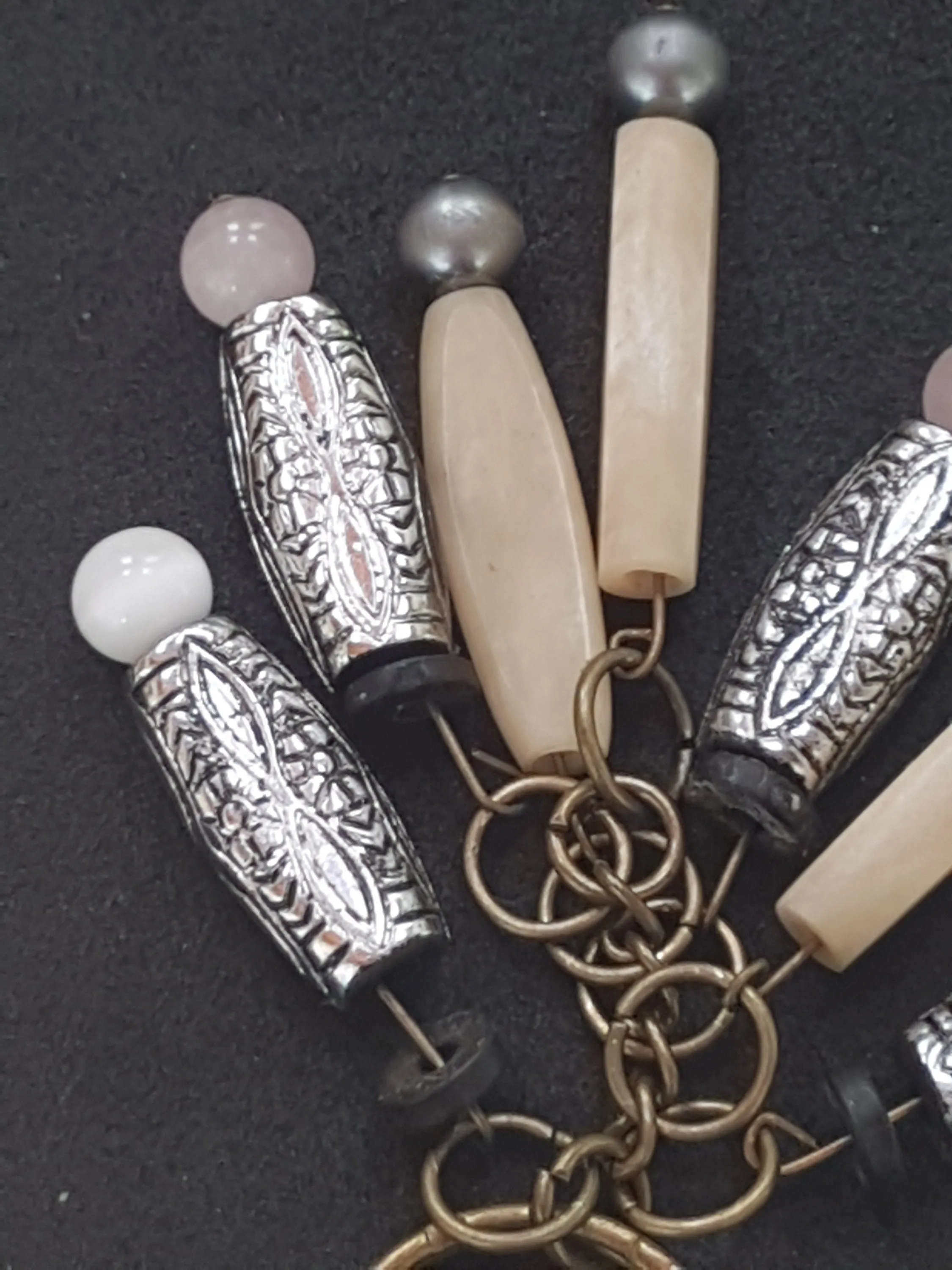 Silver, Cream Grey Beads Keychain