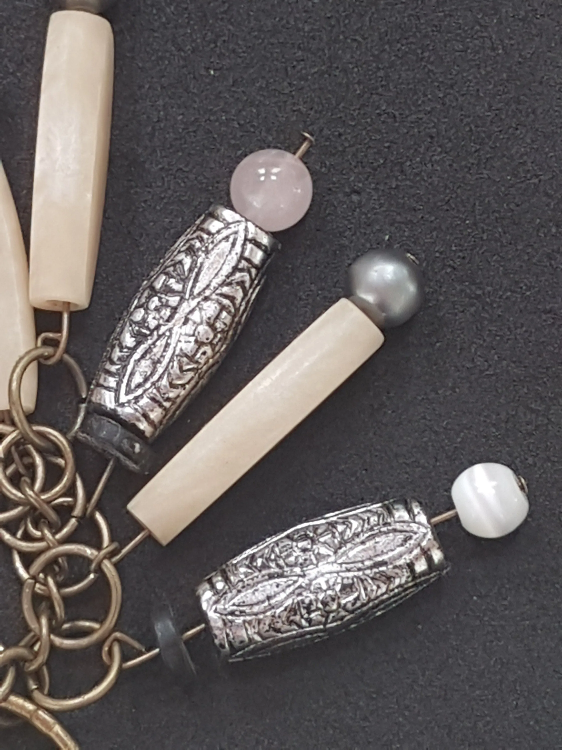 Silver, Cream Grey Beads Keychain