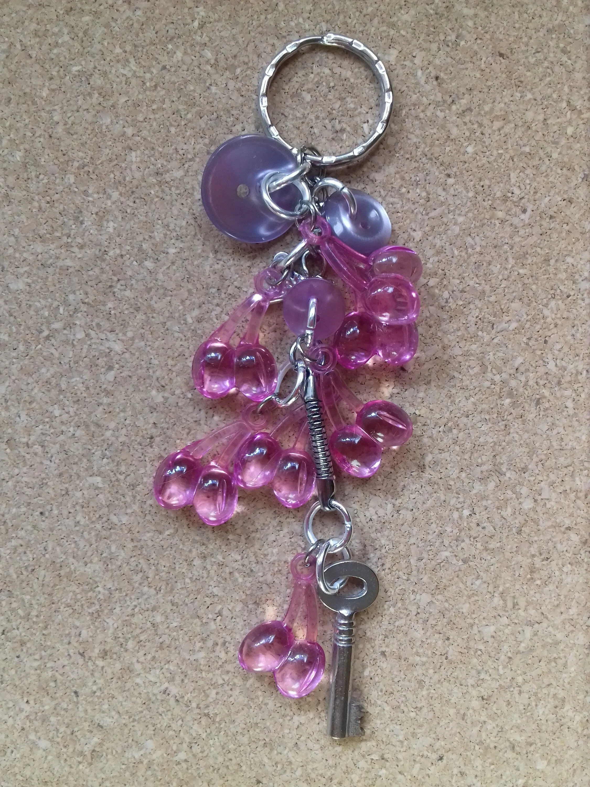Silver Keychain, Pink Cherries Buttons