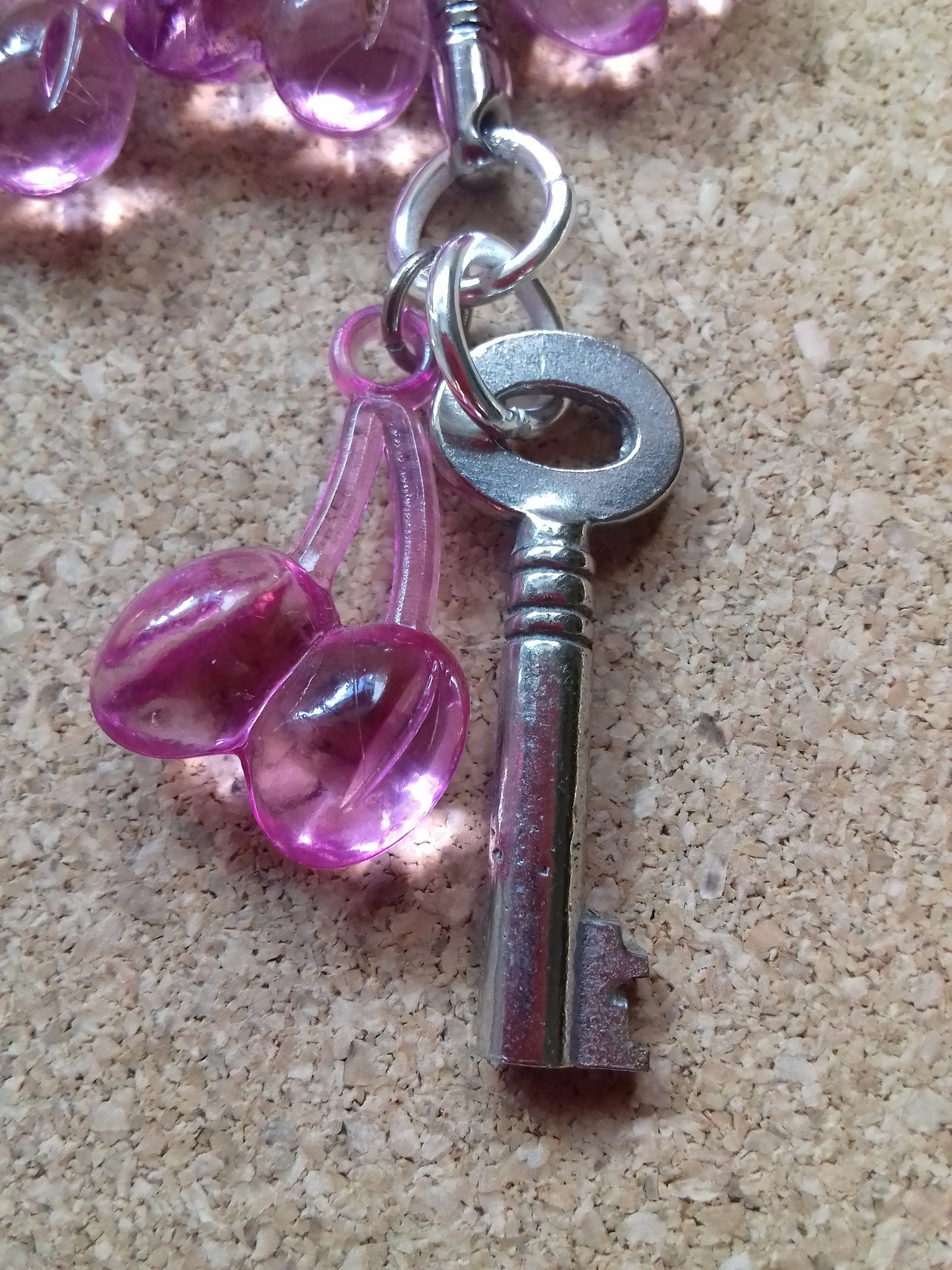 Silver Keychain, Pink Cherries Buttons
