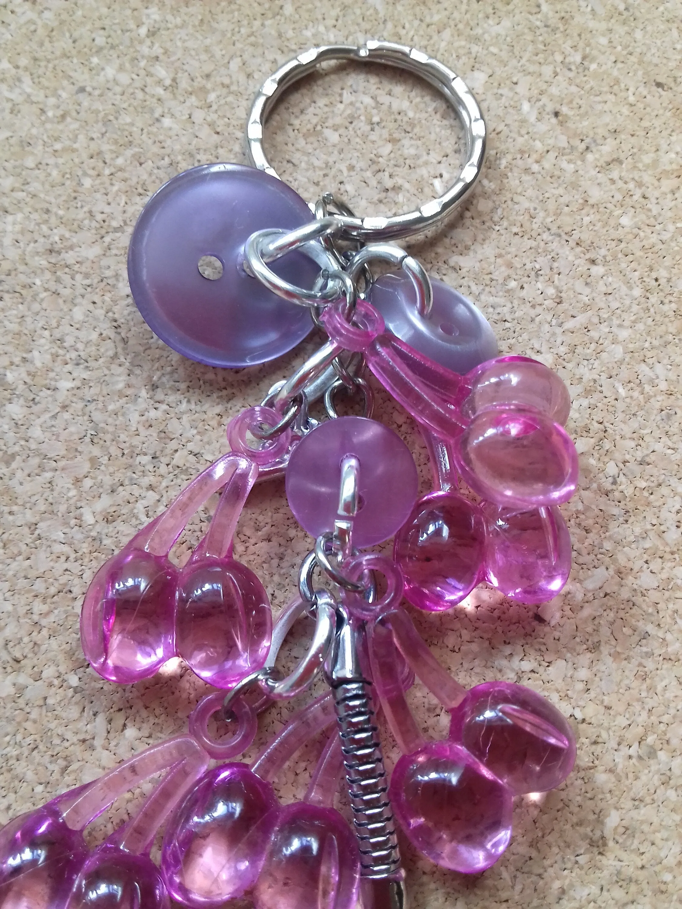 Silver Keychain, Pink Cherries Buttons