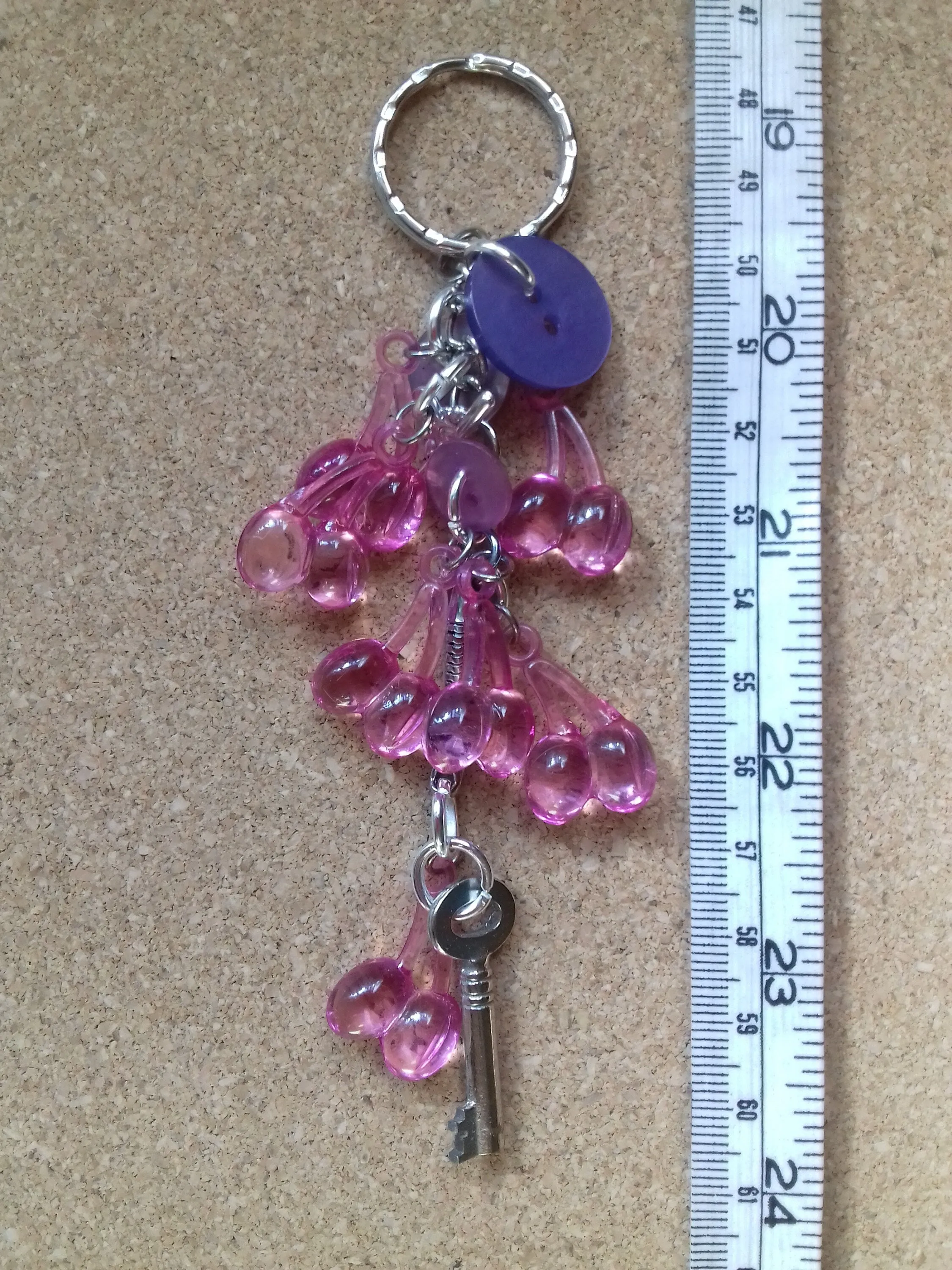 Silver Keychain, Pink Cherries Buttons