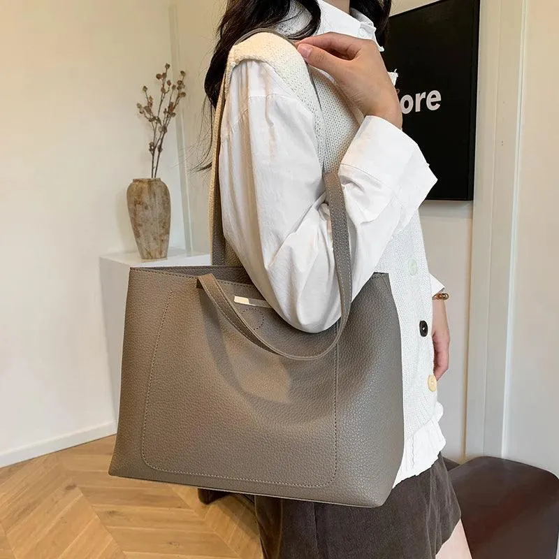 Woman Tote Handbags Large Leather Double Handles Zipper with Outer Snap Pocket