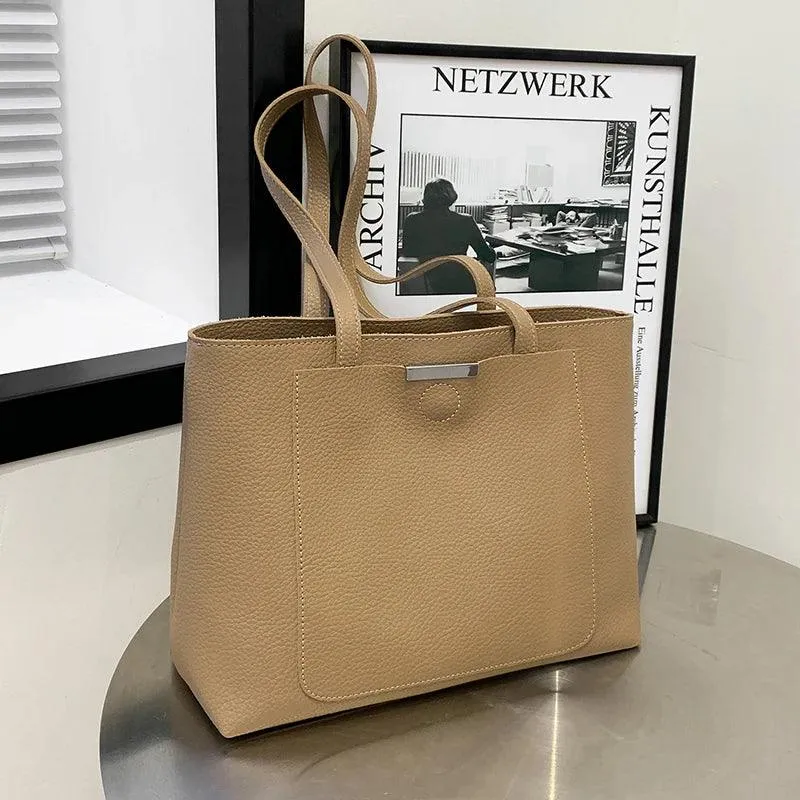 Woman Tote Handbags Large Leather Double Handles Zipper with Outer Snap Pocket
