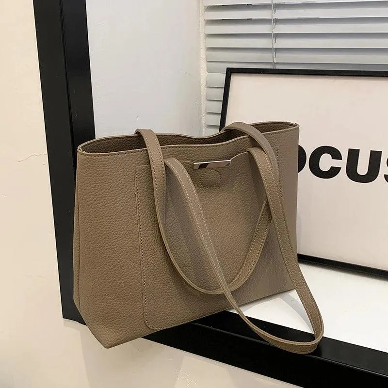 Woman Tote Handbags Large Leather Double Handles Zipper with Outer Snap Pocket