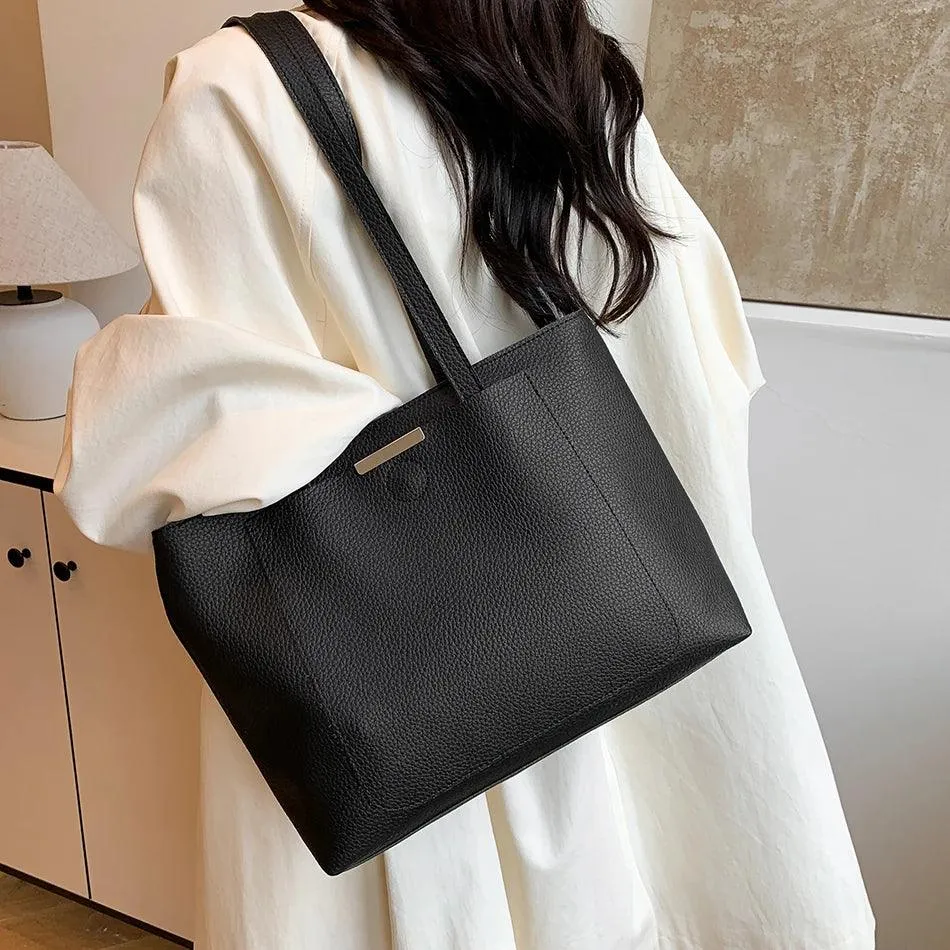 Woman Tote Handbags Large Leather Double Handles Zipper with Outer Snap Pocket