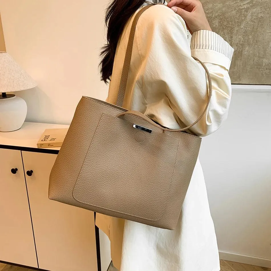 Woman Tote Handbags Large Leather Double Handles Zipper with Outer Snap Pocket