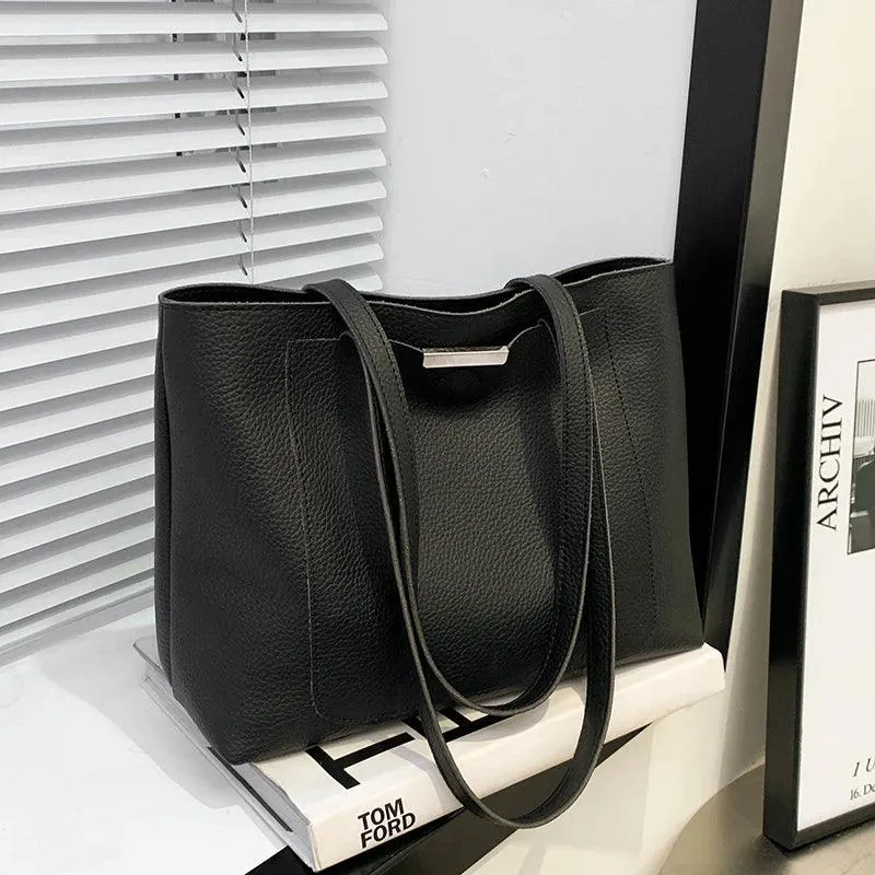 Woman Tote Handbags Large Leather Double Handles Zipper with Outer Snap Pocket