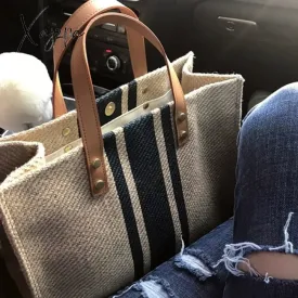 Xajzpa - Simple Fashion Large-capacity Handbag For Ladies Vintage Striped Tote For Female Portable Ol Business Briefcase Korean Style