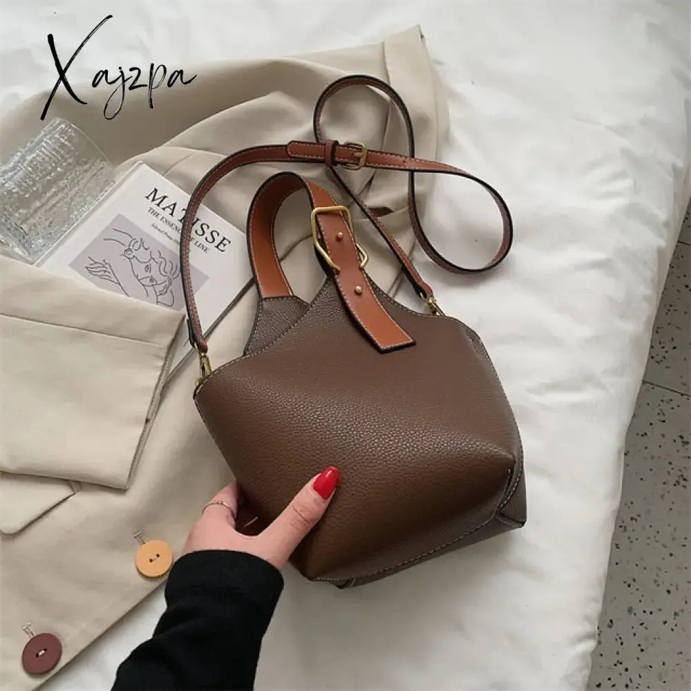 Xajzpa - Vintage Tote Bucket Bag PU Leather Crossbody Shoulder Bags for Women Summer Simple Handbags and Purses Female