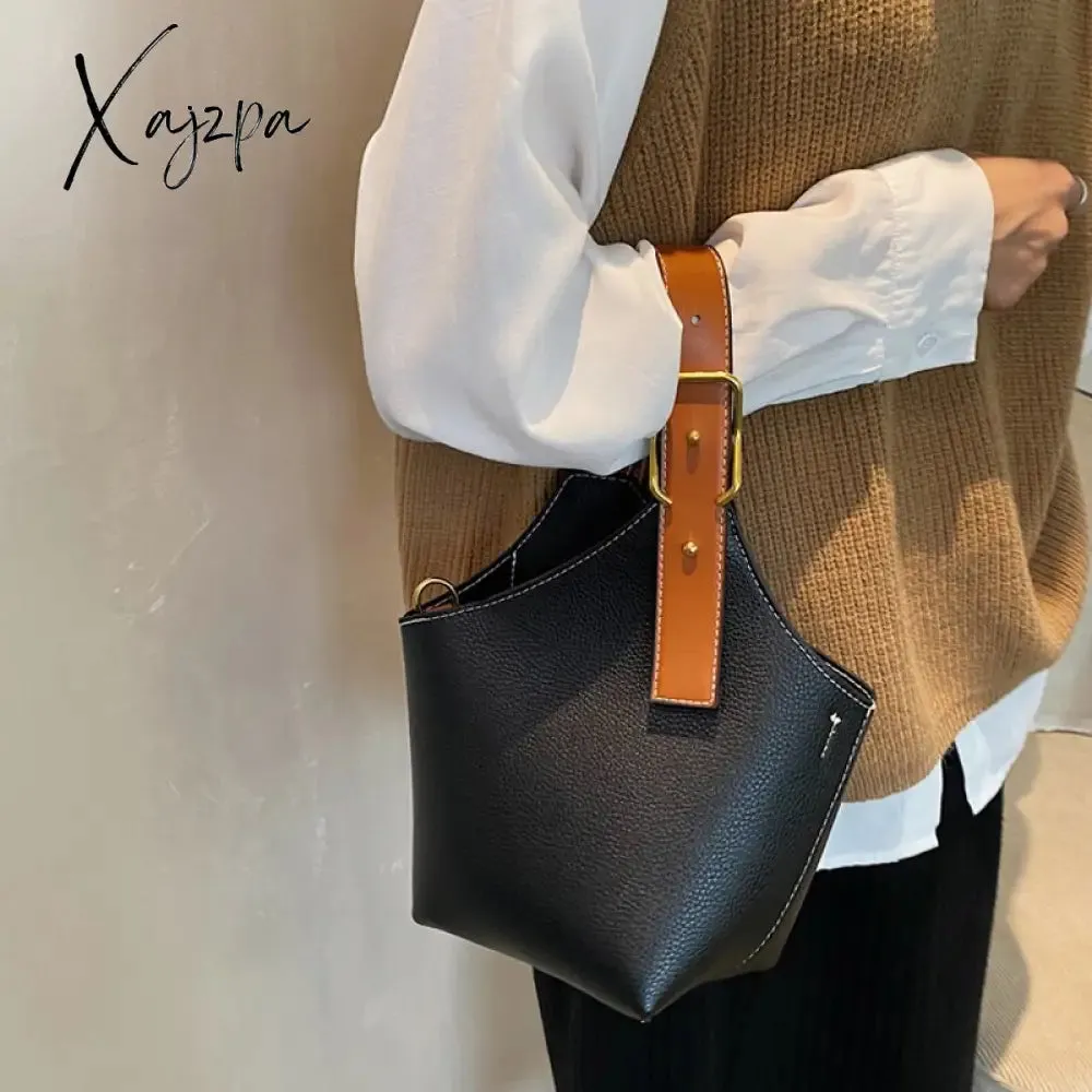 Xajzpa - Vintage Tote Bucket Bag PU Leather Crossbody Shoulder Bags for Women Summer Simple Handbags and Purses Female