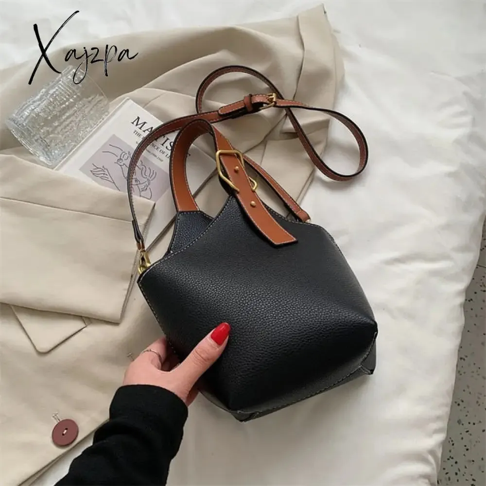 Xajzpa - Vintage Tote Bucket Bag PU Leather Crossbody Shoulder Bags for Women Summer Simple Handbags and Purses Female