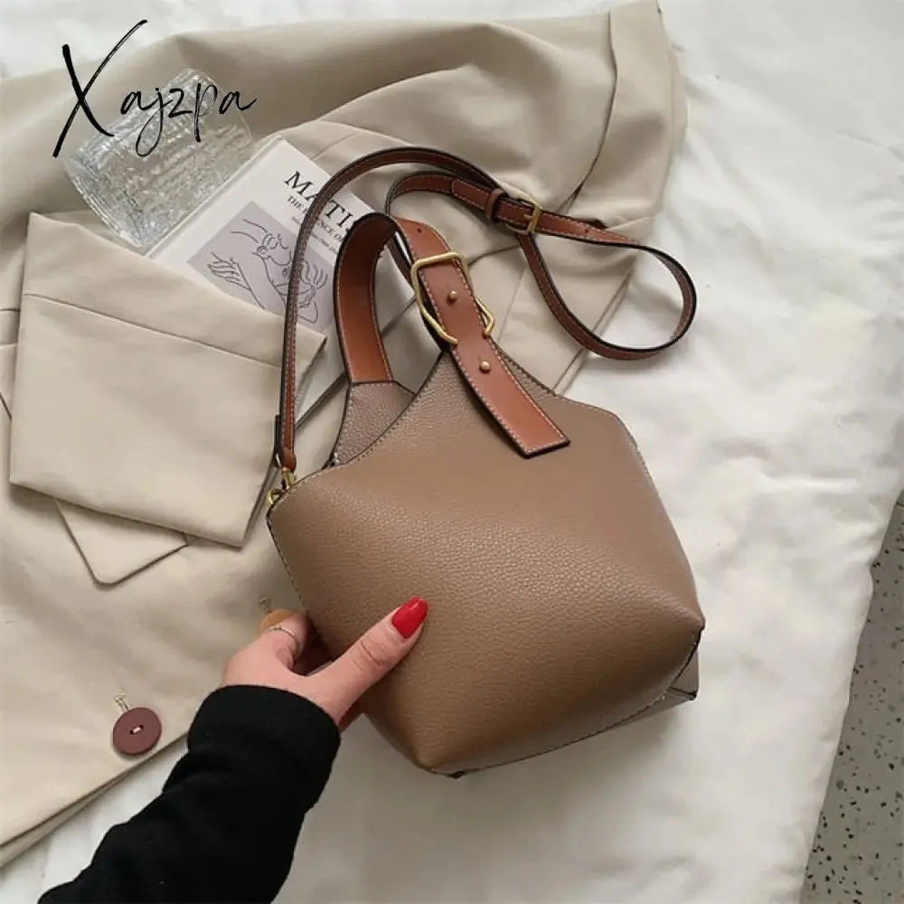 Xajzpa - Vintage Tote Bucket Bag PU Leather Crossbody Shoulder Bags for Women Summer Simple Handbags and Purses Female