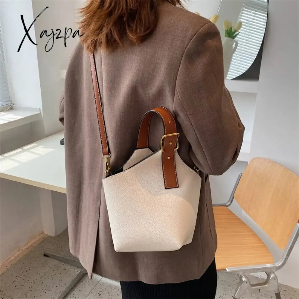 Xajzpa - Vintage Tote Bucket Bag PU Leather Crossbody Shoulder Bags for Women Summer Simple Handbags and Purses Female