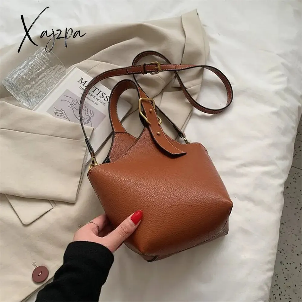 Xajzpa - Vintage Tote Bucket Bag PU Leather Crossbody Shoulder Bags for Women Summer Simple Handbags and Purses Female